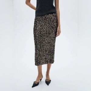 BNWT Mango sequin midi skirt gray charcoal party cocktail XL